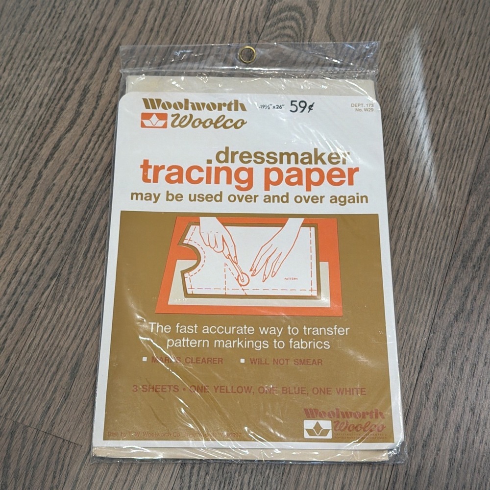 Vtg Woolworth Woolco Dressmakers Tracing Paper 3 sheets (yellow, blue, white)NEW